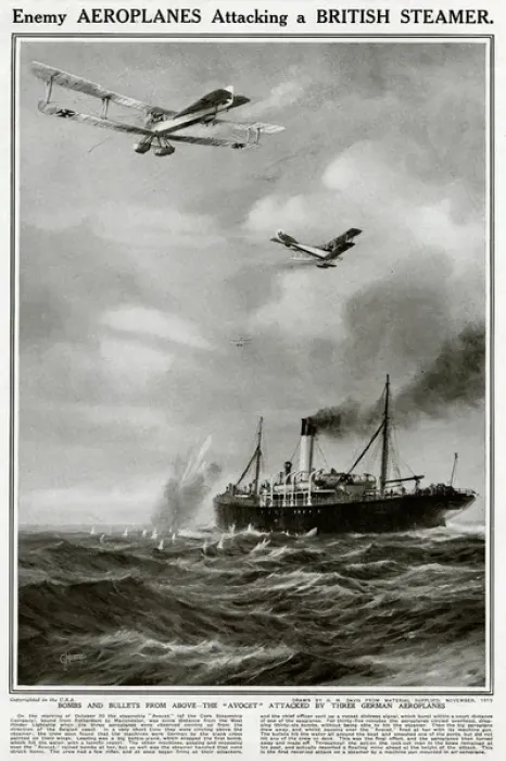 Framed Print : Enemy aeroplanes attack British steamer by G. H. Davis Framed Print : Enemy aeroplanes attack British steamer by G. H. Davis