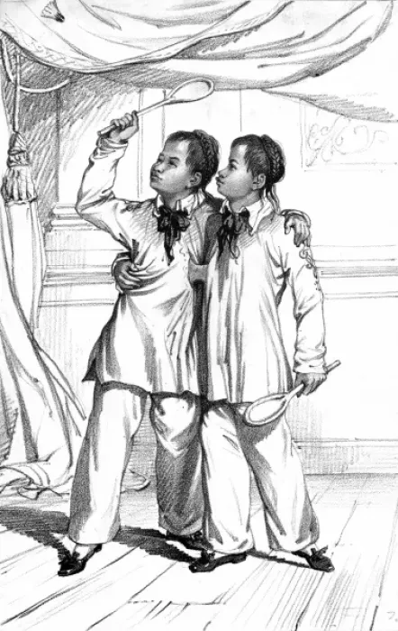 Framed Print : Eng and Chang, Siamese twins, playing shuttlecock Framed Print : Eng and Chang, Siamese twins, playing shuttlecock