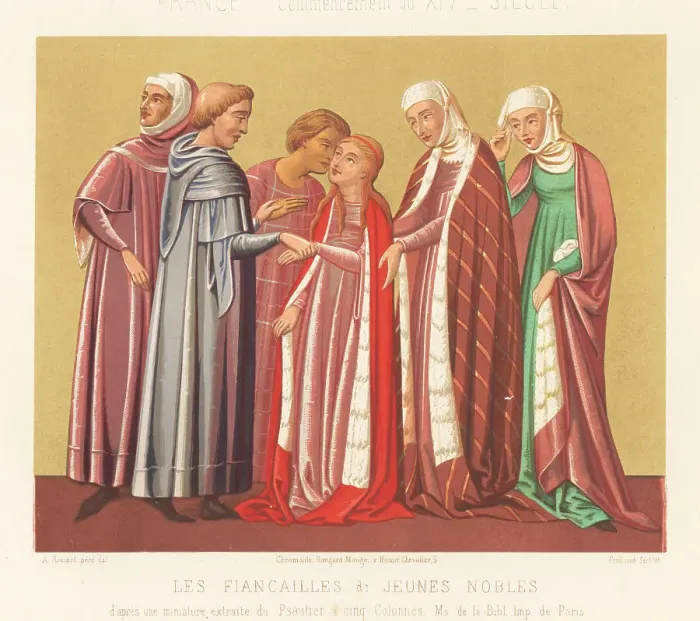 Framed Print : Engagement of two young nobles, early 14th century Framed Print : Engagement of two young nobles, early 14th century