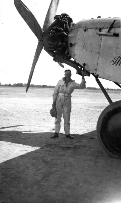 Framed Print : Engineer P. A. F. Hunt in front of Fokker FVII, G-EBTS, Th?