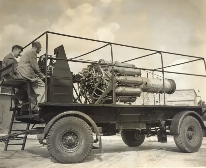 Framed Print : Engineers Sitting on a Trailer with a Power Jet W-1 Engine Framed Print : Engineers Sitting on a Trailer with a Power Jet W-1 Engine