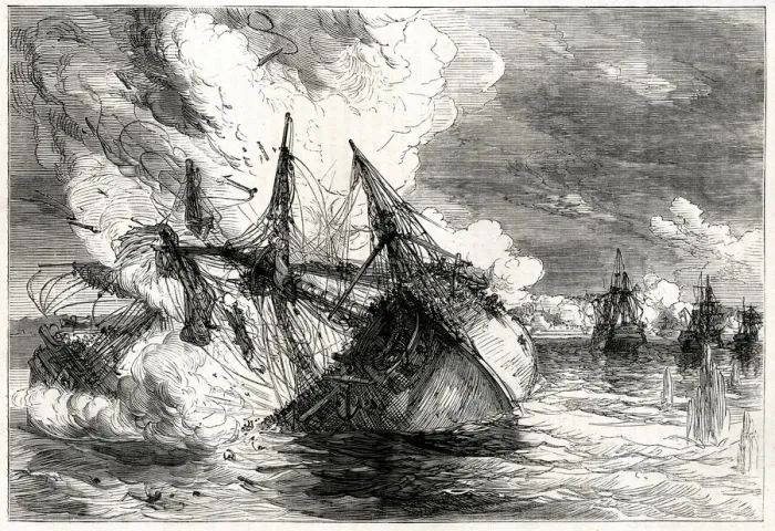 Framed Print : English attack on Nova Colonia del Sacramento by East India Company Privateers under Framed Print : English attack on Nova Colonia del Sacramento by East India Company Privateers under