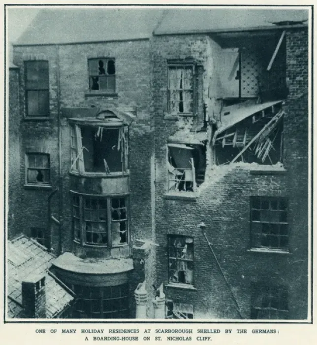 Framed Print : English coast resort bombarded by German war-ship Framed Print : English coast resort bombarded by German war-ship