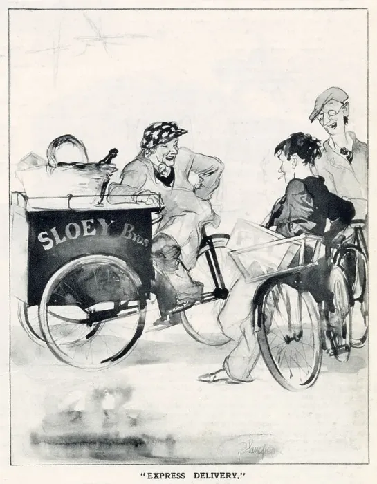 Framed Print : The English Daumier Looks On Life: English Types by Blampied. Series 4: The Life of Park and Streets. Three delivery boys cross paths and have a chat in the park. Date: 1933 Framed Print : The English Daumier Looks On Life: English Types by Blampied. Series 4: The Life of Park and Streets. Three delivery boys cross paths and have a chat in the park. Date: 1933
