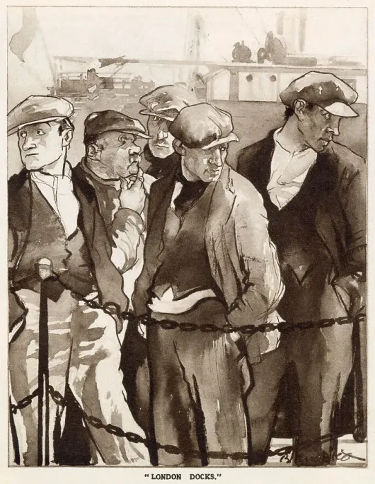 Framed Print : The English Daumier Looks On Life: English Types by Blampied. Series 5: East End and West End. A group of men standing behind a fence at the London docks. Date: 1933 Framed Print : The English Daumier Looks On Life: English Types by Blampied. Series 5: East End and West End. A group of men standing behind a fence at the London docks. Date: 1933