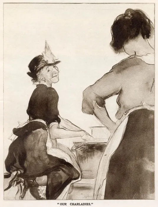 Framed Print : The English Daumier Looks On Life: English Types by Blampied. Series 5: East End and West End. Two Charwomen (cleaners), one cleaning and the other looking on with crossed arms. Date: 1933 Framed Print : The English Daumier Looks On Life: English Types by Blampied. Series 5: East End and West End. Two Charwomen (cleaners), one cleaning and the other looking on with crossed arms. Date: 1933