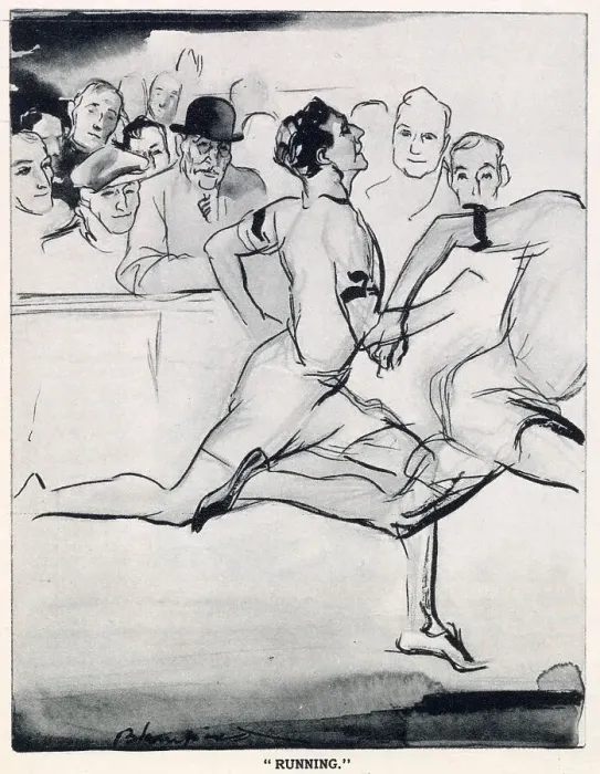 Framed Print : The English Daumier Looks On Life:English Types By Blampied. Series 3: Business And Leisure. Two men finishing a race with a crowd of spectators behind them. Date: 1933 Framed Print : The English Daumier Looks On Life:English Types By Blampied. Series 3: Business And Leisure. Two men finishing a race with a crowd of spectators behind them. Date: 1933