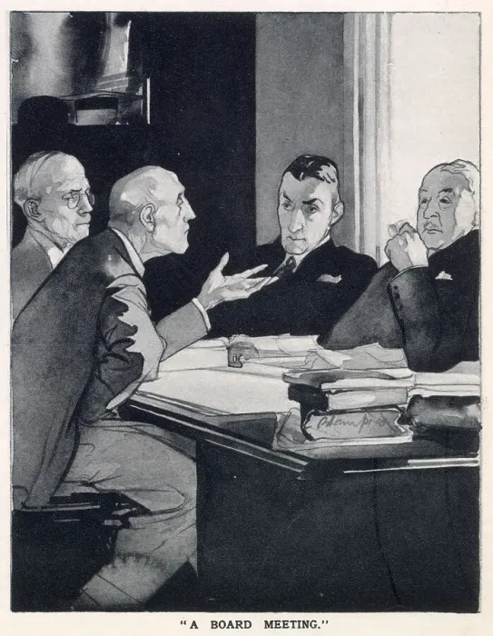 Framed Print : The English Daumier Looks On Life:English Types By Blampied. Series 3: Business And Leisure. Four business men discussing affairs at a board meeting. Date: 1933 Framed Print : The English Daumier Looks On Life:English Types By Blampied. Series 3: Business And Leisure. Four business men discussing affairs at a board meeting. Date: 1933