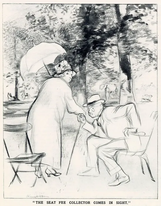 Framed Print : The English Daumier Looks On Life:English Types by Blampied. Series 4: The Life of Park and Streets. An elderly couple fleeing from their park seats at the sight of a seat fee collector. Date: 1933 Framed Print : The English Daumier Looks On Life:English Types by Blampied. Series 4: The Life of Park and Streets. An elderly couple fleeing from their park seats at the sight of a seat fee collector. Date: 1933