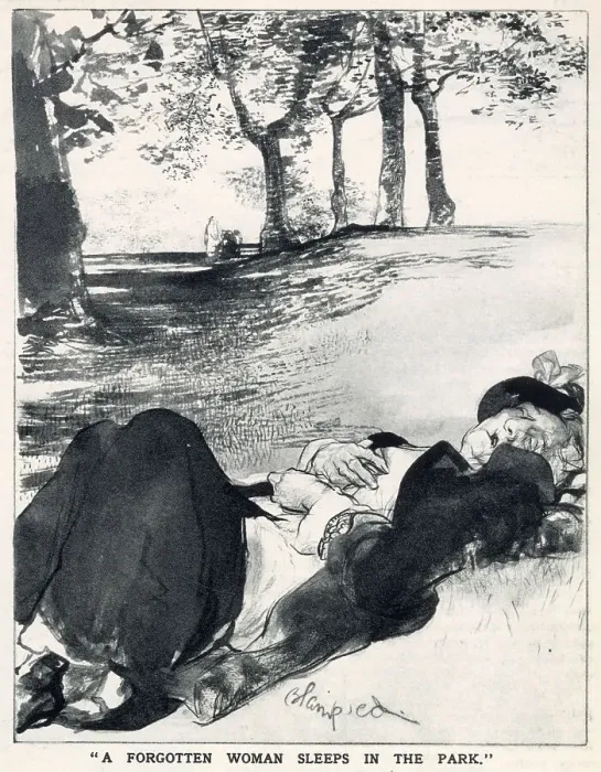 Framed Print : The English Daumier Looks On Life:English Types by Blampied. Series 4: The Life of Park and Streets. An elderly women dozing on the grass in the park. Date: 1933 Framed Print : The English Daumier Looks On Life:English Types by Blampied. Series 4: The Life of Park and Streets. An elderly women dozing on the grass in the park. Date: 1933
