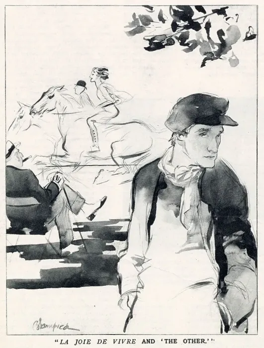 Framed Print : The English Daumier Looks On Life:English Types by Blampied. Series 4: The Life of Park and Streets. High society racers ride in Rotten Row in contrast to a working class man in the foreground. Date: 1933 Framed Print : The English Daumier Looks On Life:English Types by Blampied. Series 4: The Life of Park and Streets. High society racers ride in Rotten Row in contrast to a working class man in the foreground. Date: 1933