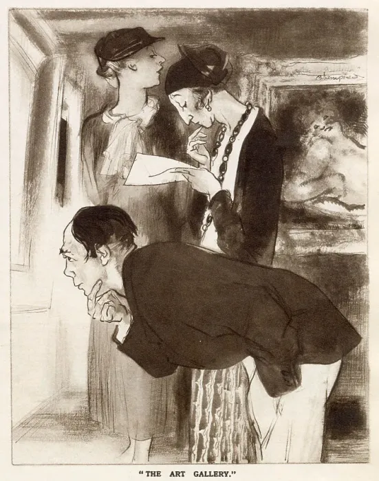 Framed Print : The English Daumier Looks On Life:English Types by Blampied. Series 5: East End and West End. Three visitors to an art gallery peering at one of the artworks on display. Date: 1933 Framed Print : The English Daumier Looks On Life:English Types by Blampied. Series 5: East End and West End. Three visitors to an art gallery peering at one of the artworks on display. Date: 1933
