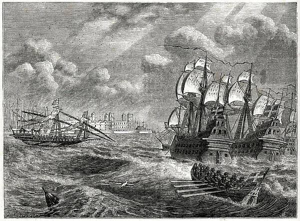 The English fleet before Cadiz, Spain, 30 June 1596, prior to an attack on the harbour