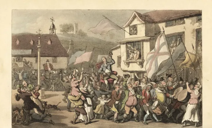 Framed Print : English gentleman carried in a sedan chair for an election