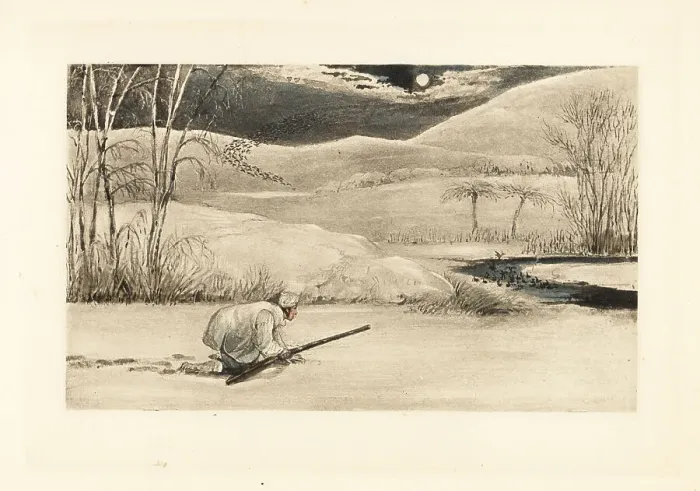 Framed Print : English gentleman crawling on a frozen riverbank to hunt ducks Framed Print : English gentleman crawling on a frozen riverbank to hunt ducks
