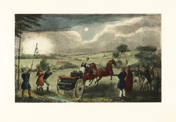 Framed Print : English gentleman driving a tandem across country by moonlight a Framed Print : English gentleman driving a tandem across country by moonlight a