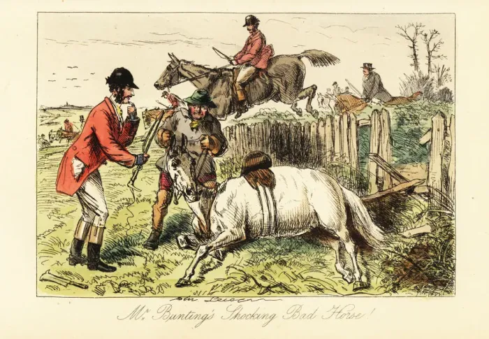 Framed Print : English gentleman with his fallen horse during a fox Framed Print : English gentleman with his fallen horse during a fox