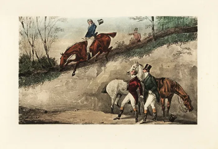 Framed Print : English gentleman on horseback making a jump from a steep embank Framed Print : English gentleman on horseback making a jump from a steep embank
