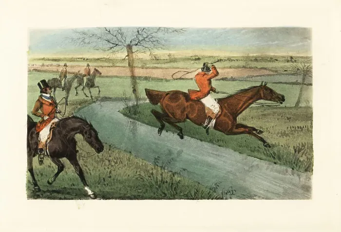 Framed Print : English gentleman jumping across a brook during a hunt Framed Print : English gentleman jumping across a brook during a hunt