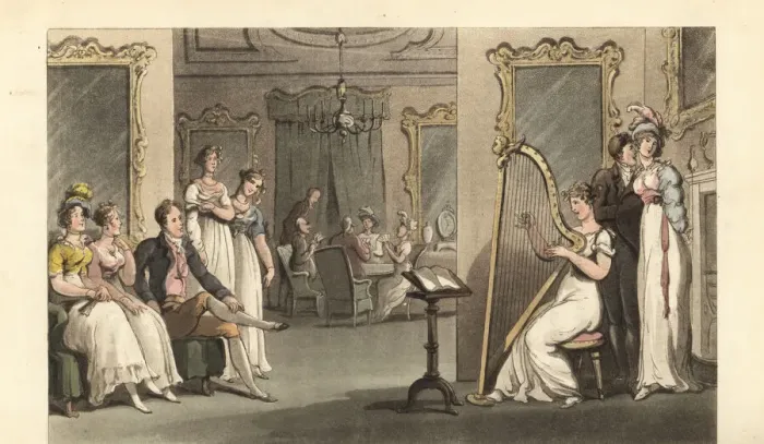 Framed Print : English gentleman and ladies listening to a harpist Framed Print : English gentleman and ladies listening to a harpist