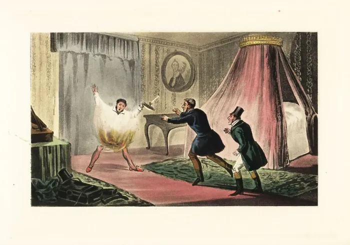 Framed Print : English gentleman lighting his nightshirt on fire with a candle Framed Print : English gentleman lighting his nightshirt on fire with a candle