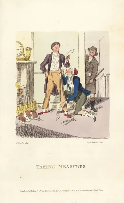 Framed Print : English gentleman being measured by a tailor, Regency era Framed Print : English gentleman being measured by a tailor, Regency era
