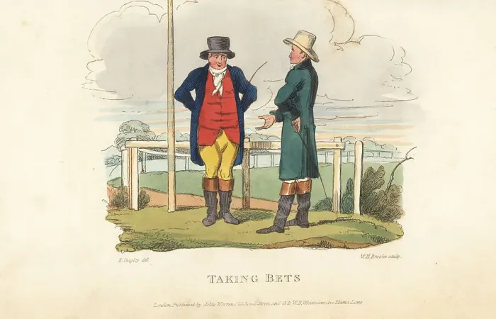 Framed Print : English gentleman placing a bet at Newmarket, Regency era