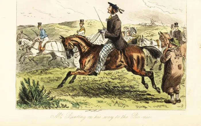 Framed Print : English gentleman riding a horse on his way to a picnic Framed Print : English gentleman riding a horse on his way to a picnic