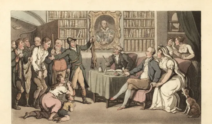 Framed Print : English gentleman in his study hearing a case of poaching Framed Print : English gentleman in his study hearing a case of poaching
