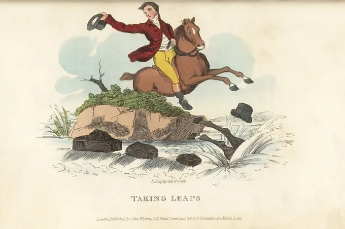 Framed Print : English gentleman Tom Takeall riding by a river Framed Print : English gentleman Tom Takeall riding by a river
