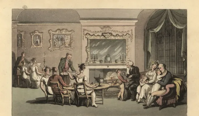 Framed Print : English gentleman, wife and children relaxing in the parlour