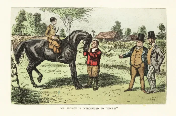 Framed Print : Two English gentlemen evaluating a horse in a paddock Framed Print : Two English gentlemen evaluating a horse in a paddock