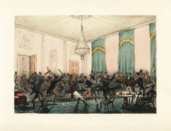 Framed Print : English gentlemen gamblers rioting in a gambling hell Framed Print : English gentlemen gamblers rioting in a gambling hell