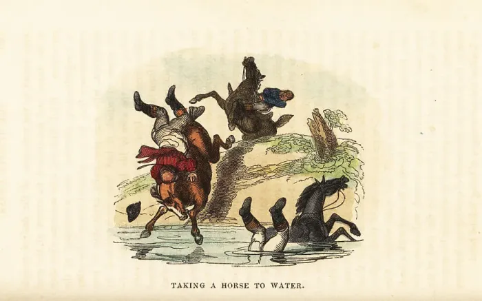 Framed Print : Two English gentlemen on horseback diving into a river Framed Print : Two English gentlemen on horseback diving into a river