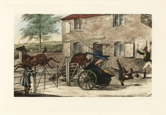 Framed Print : English gentlemen in a two-horse gig trying to jump a toll gate Framed Print : English gentlemen in a two-horse gig trying to jump a toll gate