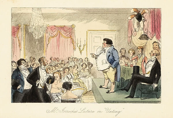 English grocer giving a lecture on hunting in a large
