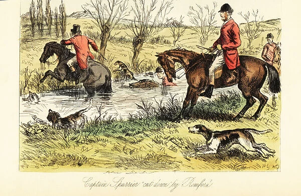 English huntsman fording a river with fox hounds