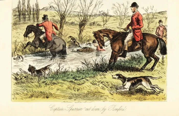 Framed Print : English huntsman fording a river with fox hounds Framed Print : English huntsman fording a river with fox hounds