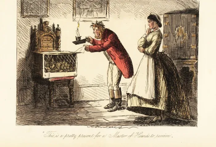 Framed Print : English huntsman in hunting pinks and boots examining Framed Print : English huntsman in hunting pinks and boots examining