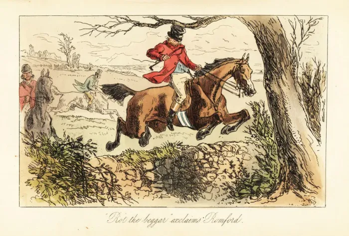 Framed Print : English huntsman making a dangerous jump over a stone Framed Print : English huntsman making a dangerous jump over a stone