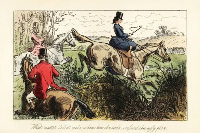Framed Print : English huntswoman jumping sidesaddle over a fence Framed Print : English huntswoman jumping sidesaddle over a fence