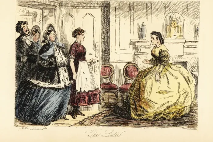 Framed Print : English lady receiving surprise visitors in breakfast Framed Print : English lady receiving surprise visitors in breakfast