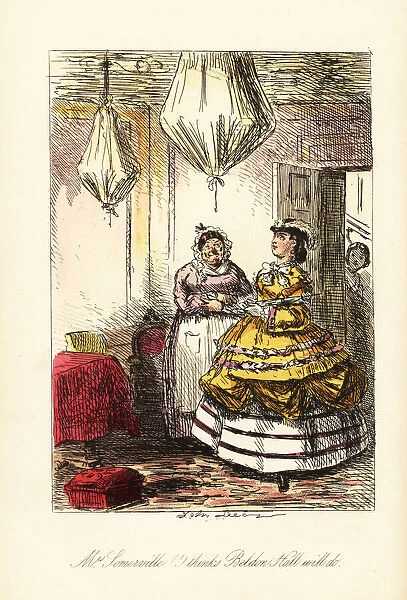English lady surveying fancy room with covered chandeliers