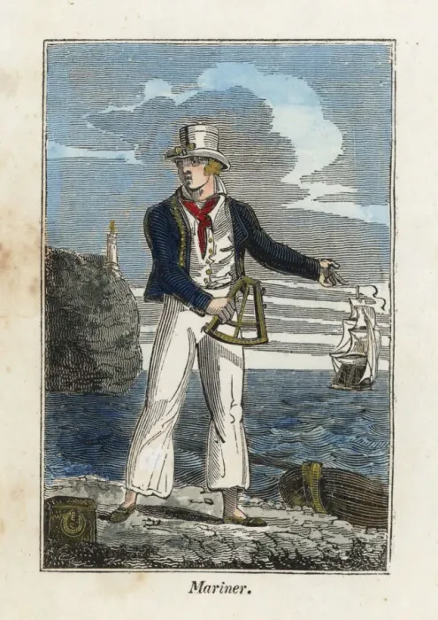 Framed Print : English mariner with sextant on a beach in Framed Print : English mariner with sextant on a beach in
