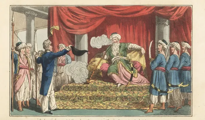 Framed Print : English Regency naval officer at the court of a Turkish pirate Framed Print : English Regency naval officer at the court of a Turkish pirate