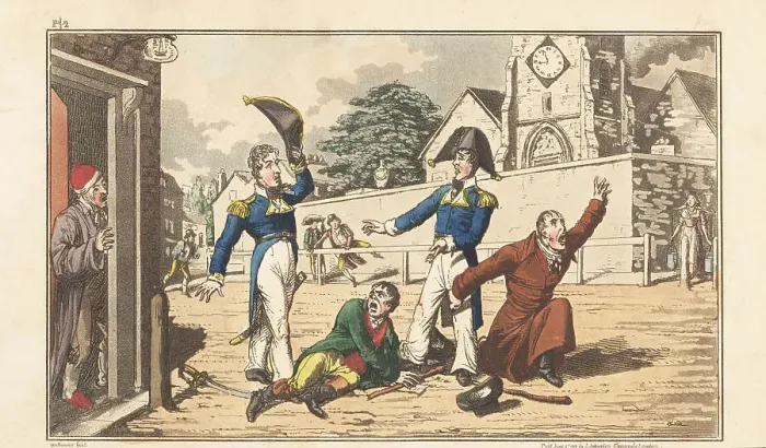 Framed Print : English Regency naval officers brawling with debt collectors Framed Print : English Regency naval officers brawling with debt collectors