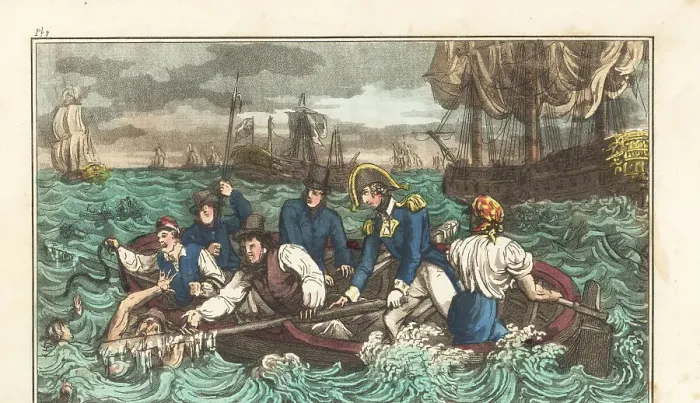 Framed Print : English Regency sailors saving men overboard