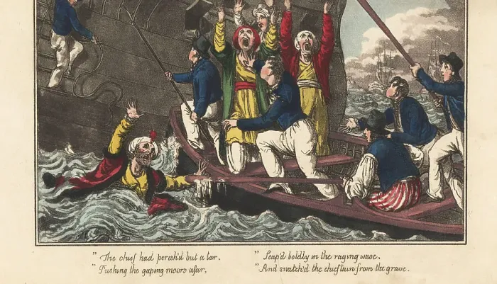 Framed Print : English sailor saves a drowning Arab chief, Regency era Framed Print : English sailor saves a drowning Arab chief, Regency era