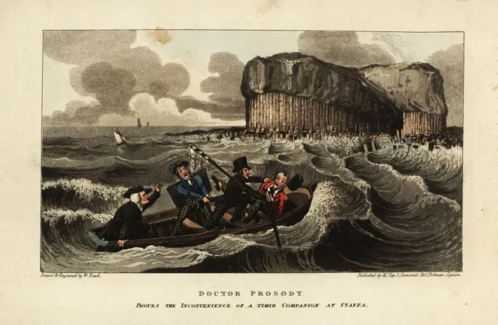 Framed Print : English tourists on a boat near the basalt pillars Framed Print : English tourists on a boat near the basalt pillars