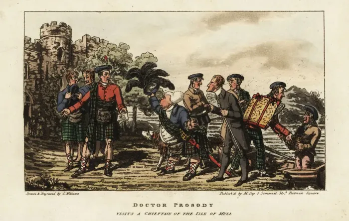Framed Print : English tourists meeting a clan chieftain on the Isle Framed Print : English tourists meeting a clan chieftain on the Isle